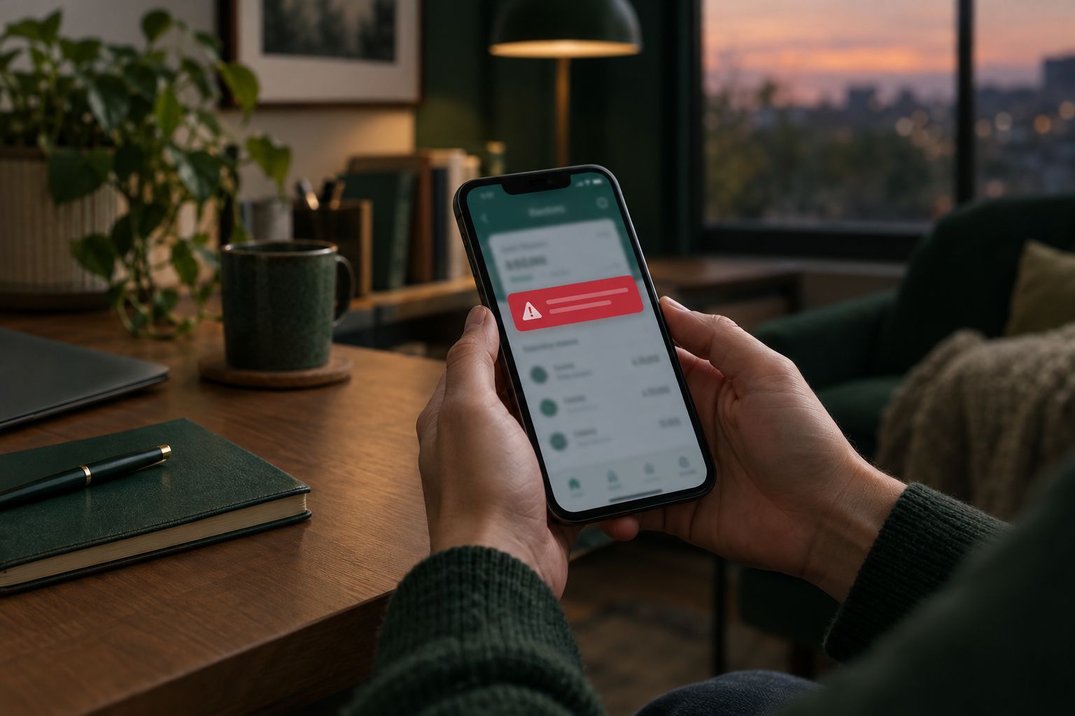 Smartphone mit Warnhinweis einer Banking-App